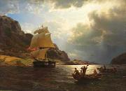 Hans Gude Hjemvendende hvalfangerskip i en norsk havn oil painting on canvas